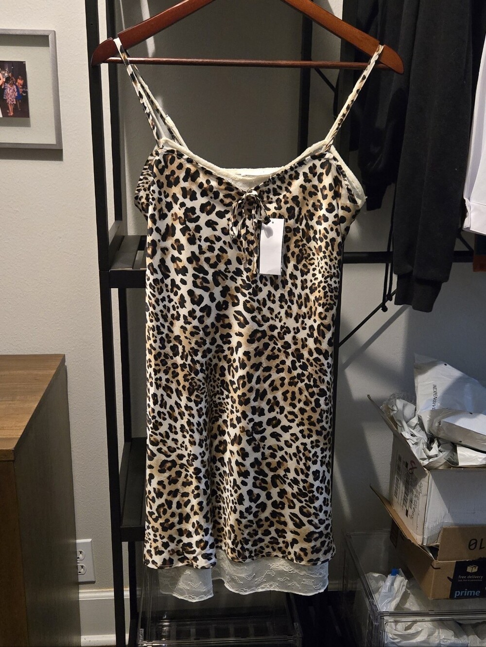 LUSH leopard print silky slip dress with lace trim